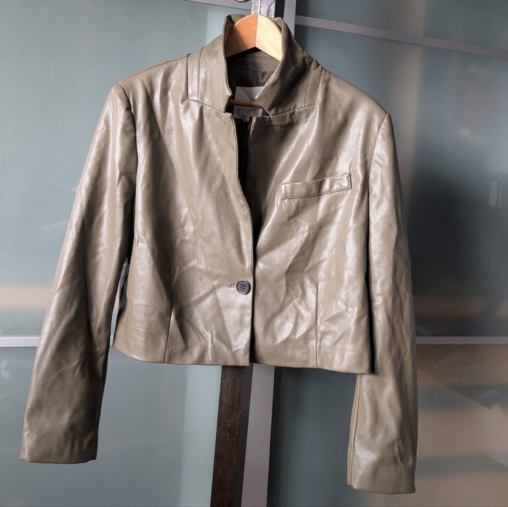 🌿Avec Les Filles | Anthropologie Soft Faux-leather Olive Blazer/Jacket - Picture 2 of 9